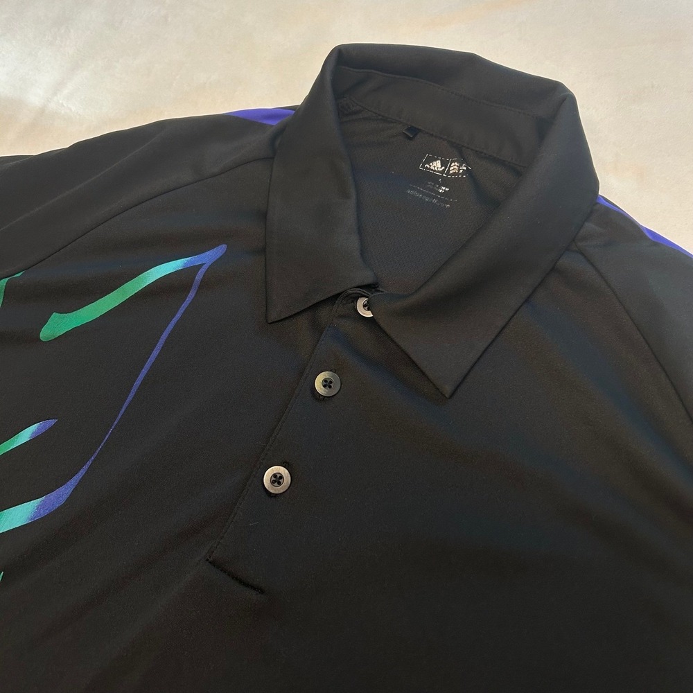 Adidas Golf Men Large Polo Shirt Black Teal Purple Graphic Short Sleeve Athletic